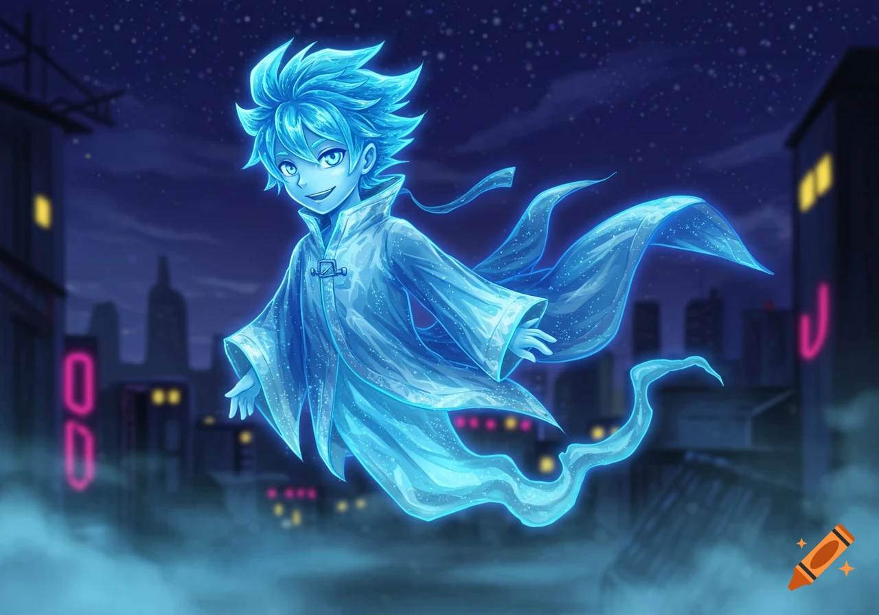 A blue glowing anime boy floats above a city at night with neon lights in the background.