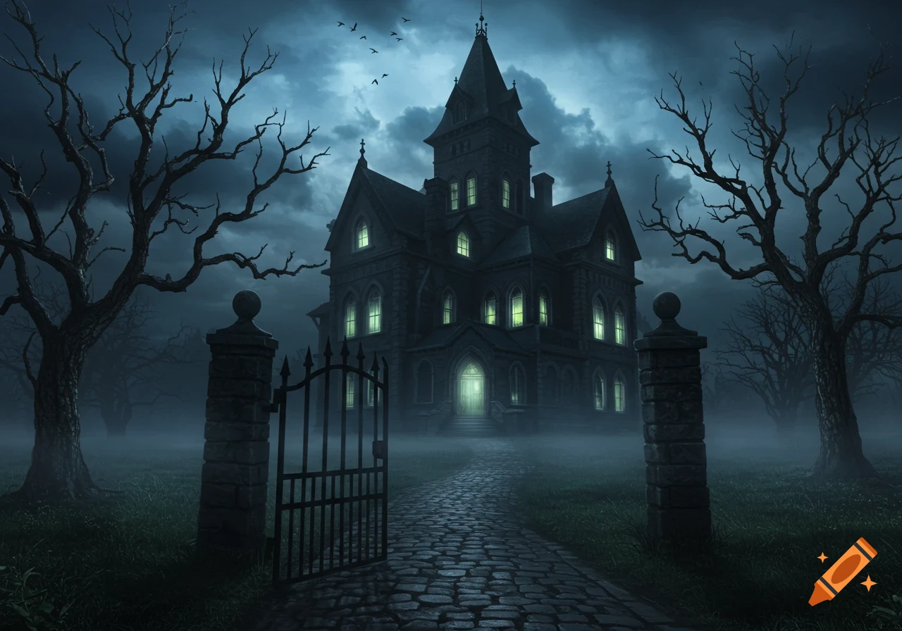 A spooky, gothic mansion at night with glowing windows, bare trees, and a foggy, cobblestone path leading to an open gate.