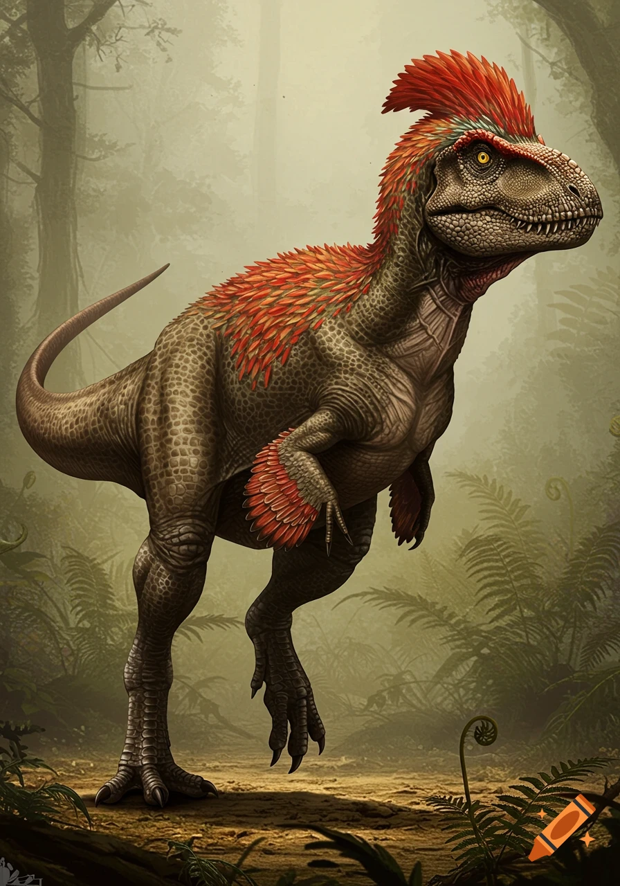 A detailed paleoart depiction of a feathered dinosaur, with reddish-orange plumage, standing in a misty prehistoric forest.