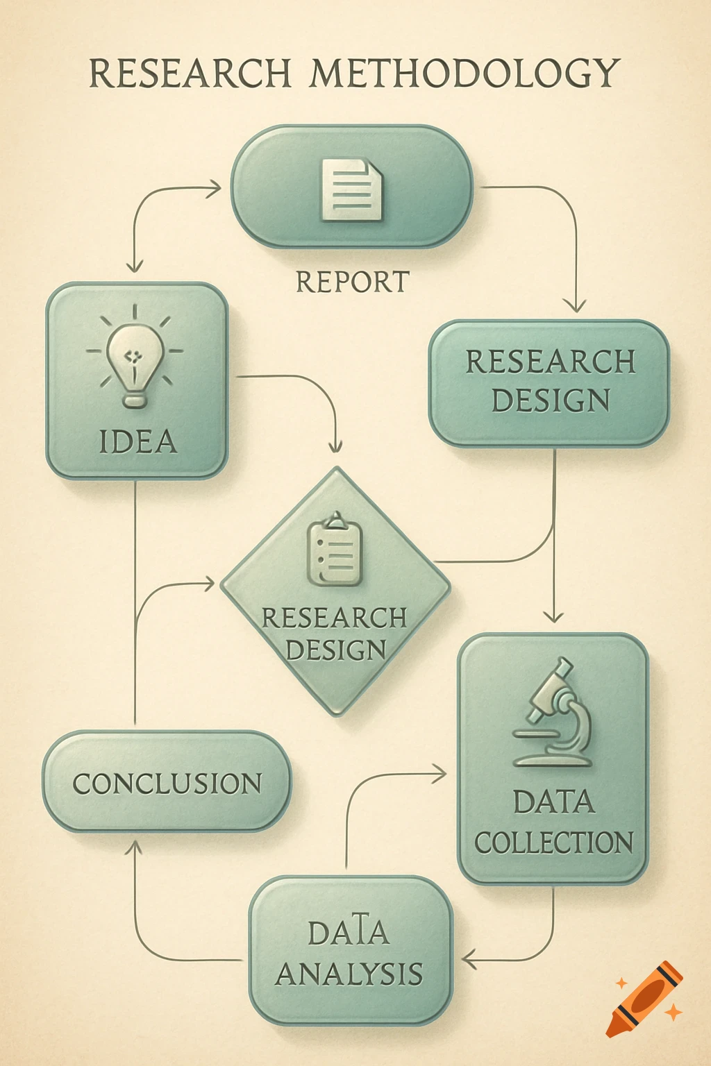 A vintage-style flowchart illustrating the steps of research methodology, including idea, design, data collection, analysis, report, and conclusion.