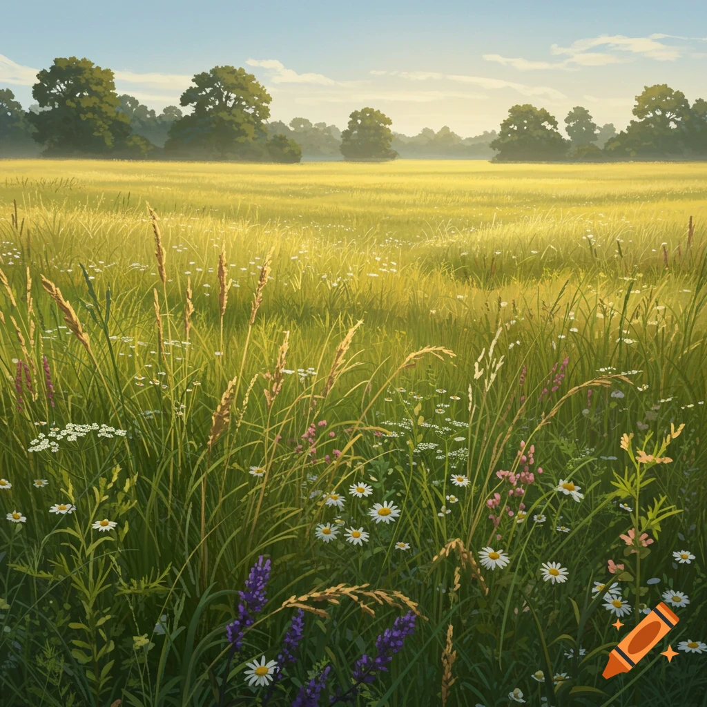 A vibrant meadow filled with tall green grass and colorful wildflowers under a soft blue sky, with trees in the distance.