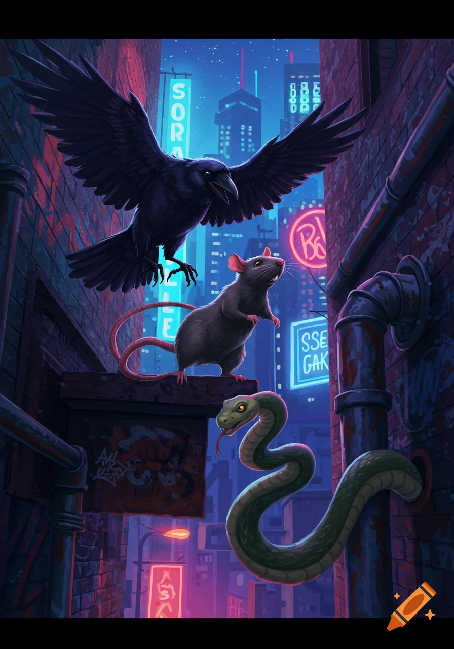 A crow with spread wings flies above a rat standing on a ledge, with a green snake emerging from a pipe, all set in a dark, neon-lit urban alleyway.