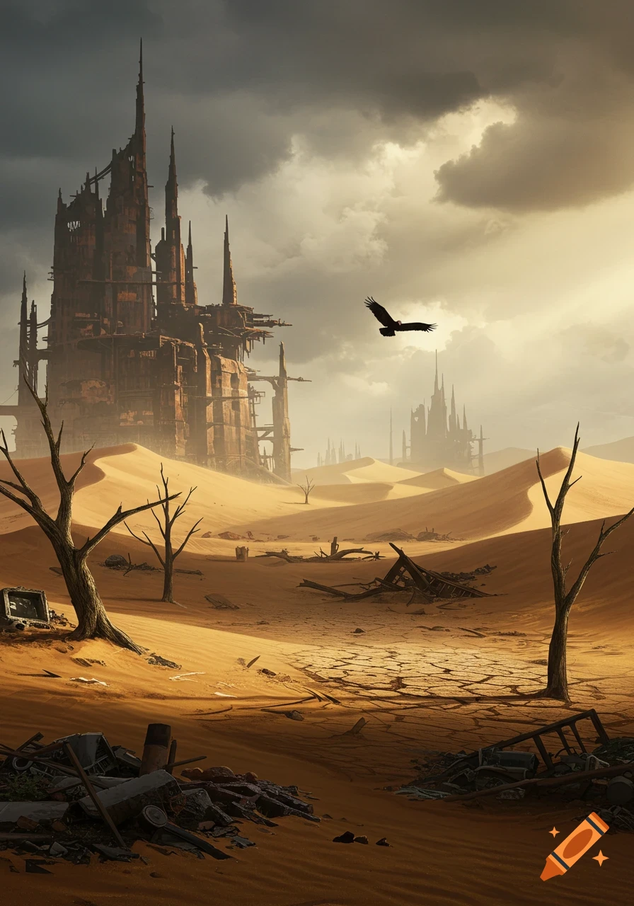A ruined spired castle dominates a vast dystopian desert with dead trees, debris, and a flying bird under a dramatic sky.
