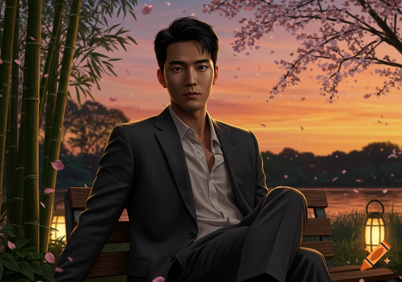 A handsome Asian man in a suit sits on a bench during sunset, surrounded by bamboo, cherry blossoms, and falling petals.