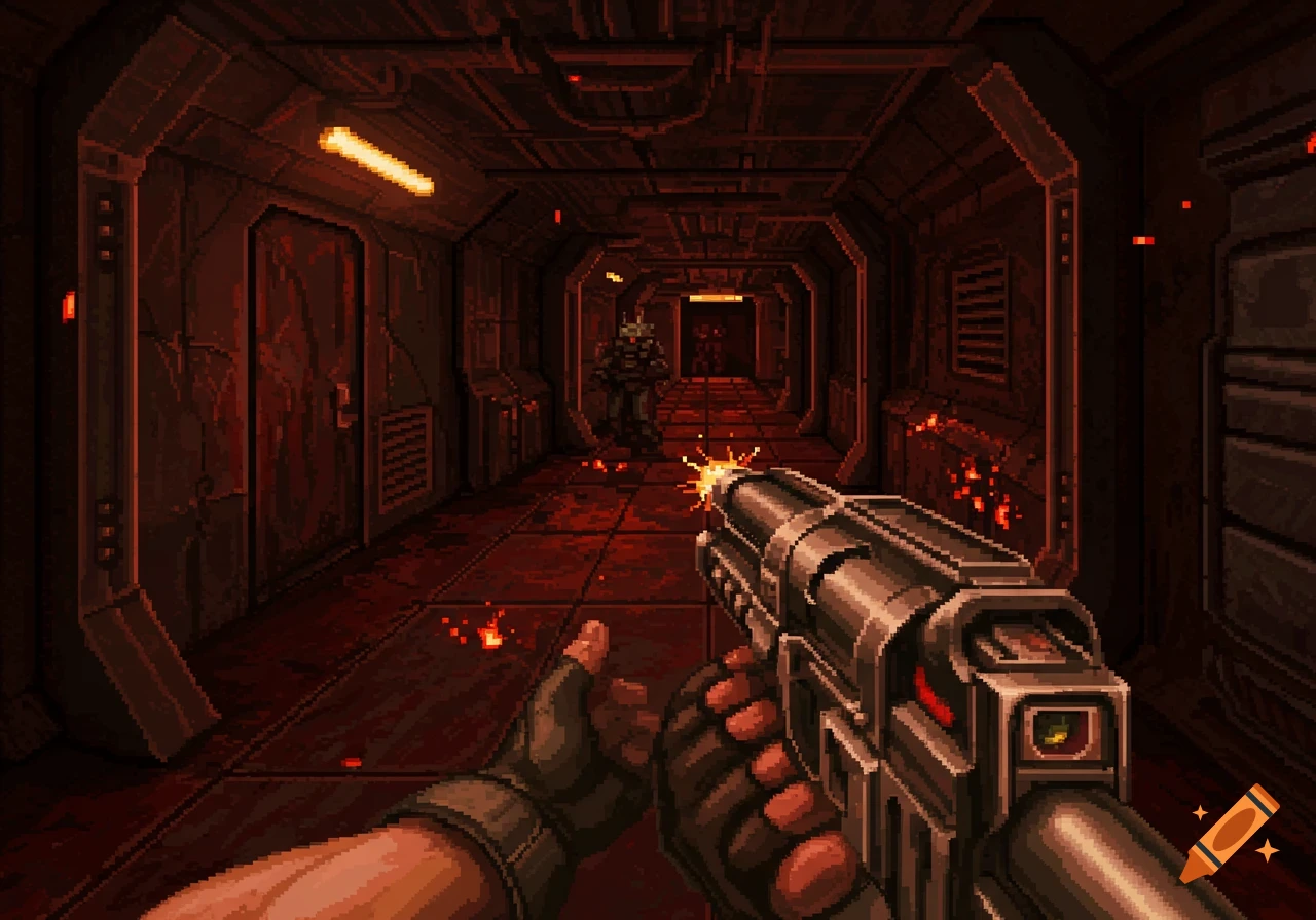 Pixel art first-person view of a sci-fi corridor with a gun firing at an enemy, in the style of classic shooters.