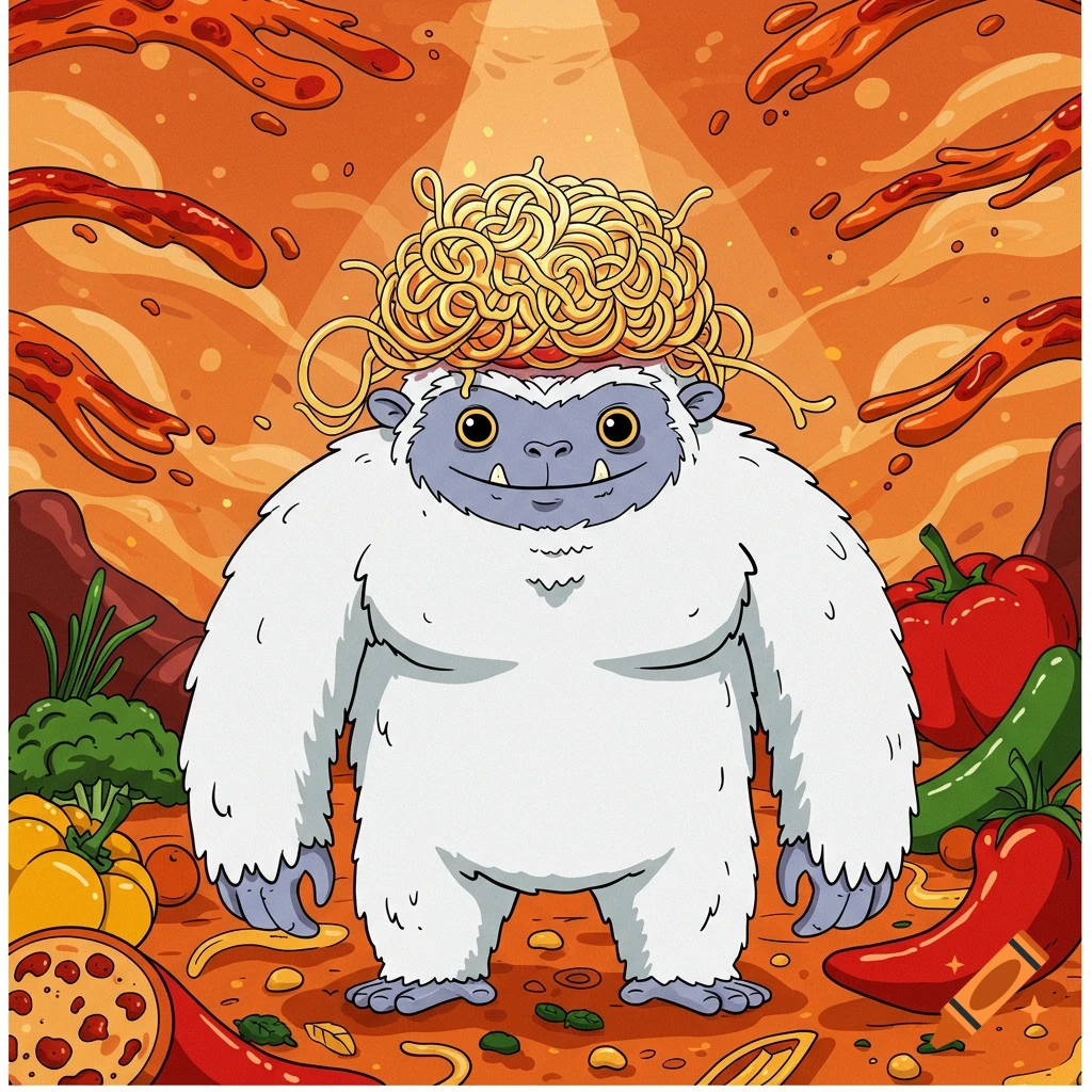 A cute cartoon yeti with spaghetti on its head, surrounded by colorful stylized food items against an orange background.