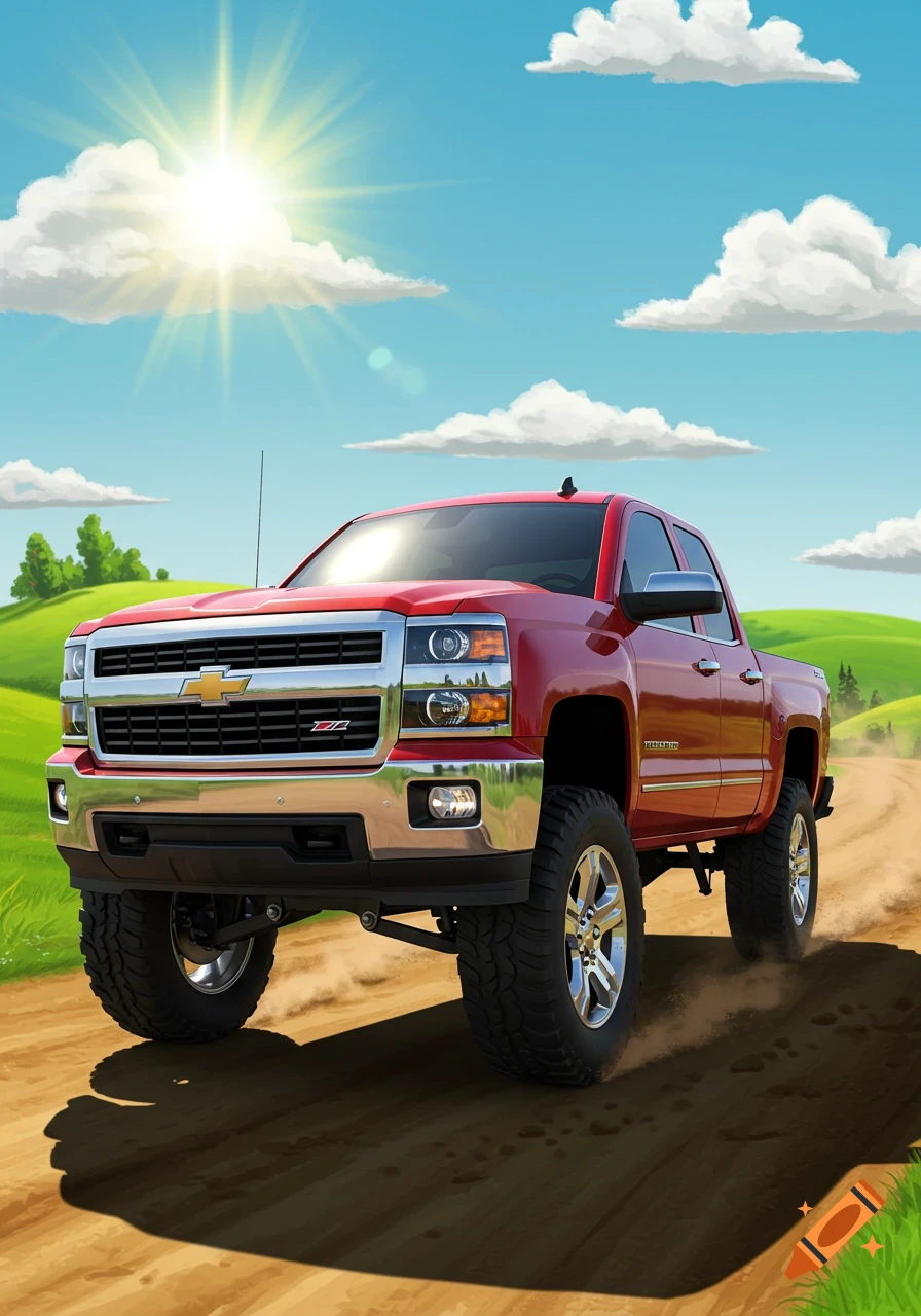 A red Chevrolet Silverado pickup truck drives on a dirt road under a bright sunny blue sky with fluffy clouds and green hills in a cartoon style.