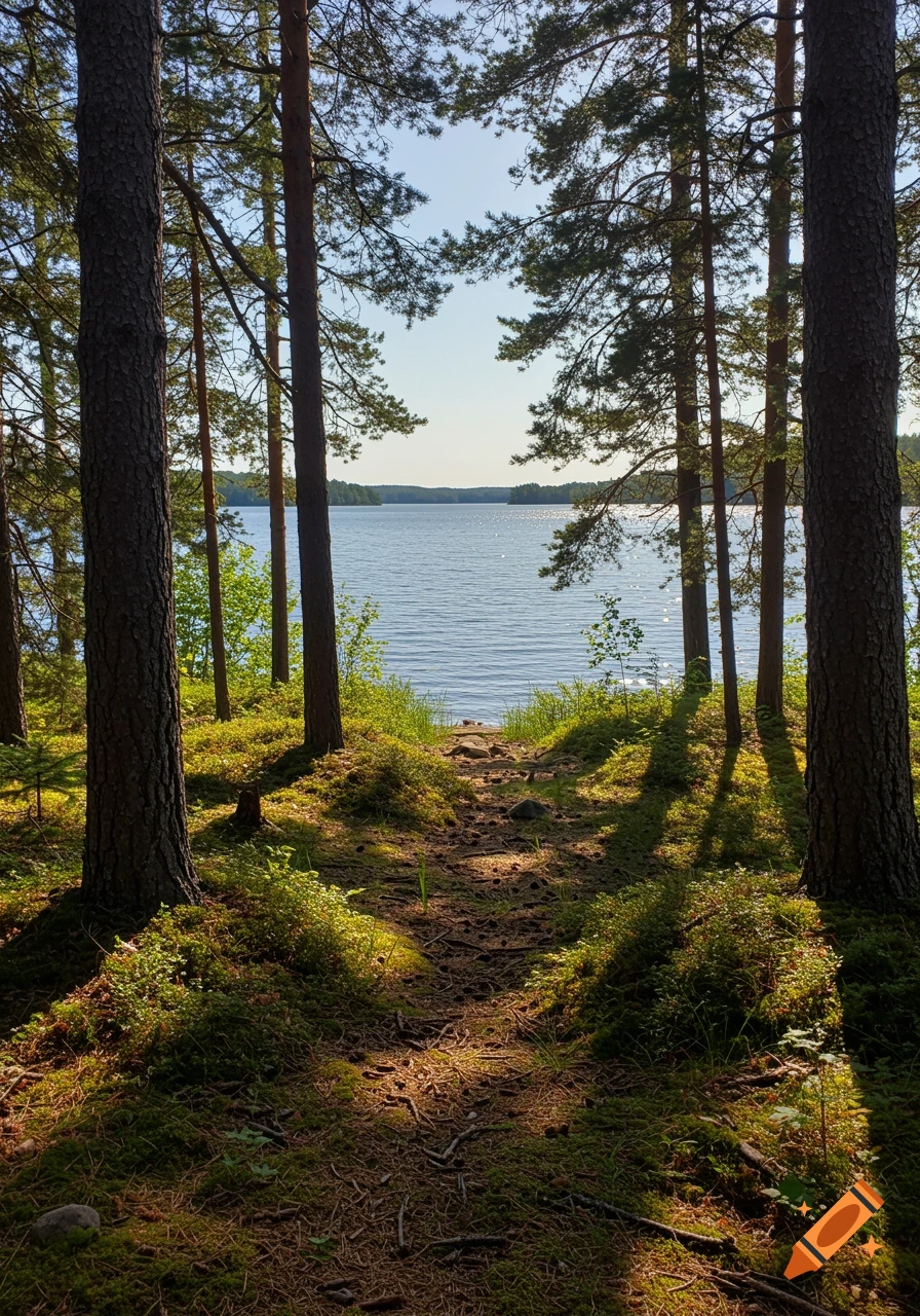 A sunlit forest path leads down to the calm waters of a lake, framed by tall pine trees.