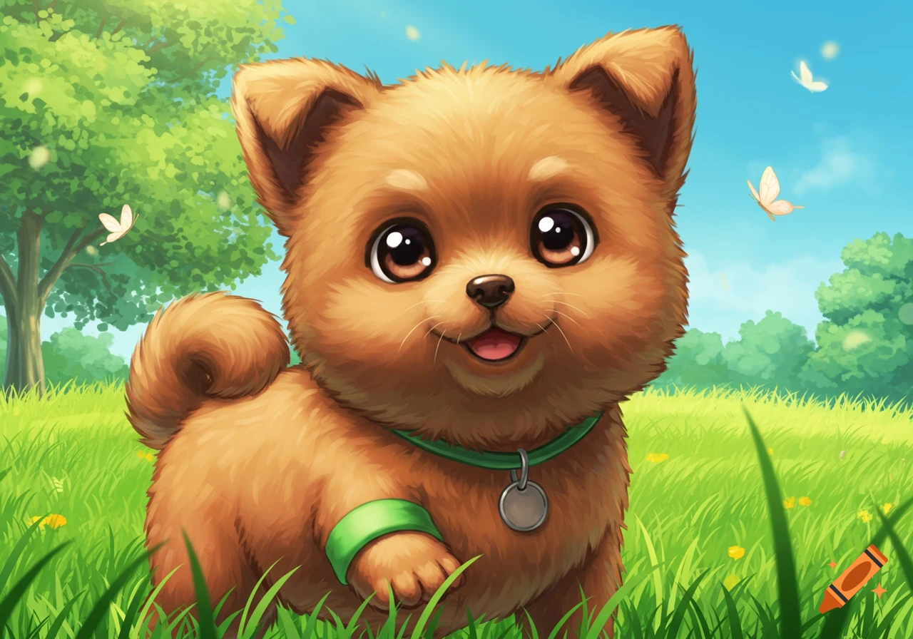 A cute brown anime dog with big shiny eyes, a green collar and wristband in a grassy field with butterflies.