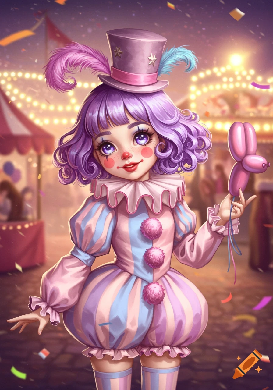 A cute clown girl with purple curly hair, a top hat, and a pink and blue striped costume holds a balloon animal at a carnival.
