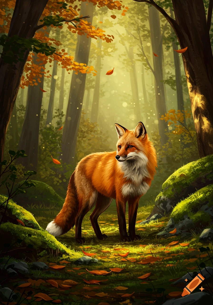 A red fox with a white chest stands in an autumn forest, with sunlight filtering through orange-leafed trees and mossy ground.