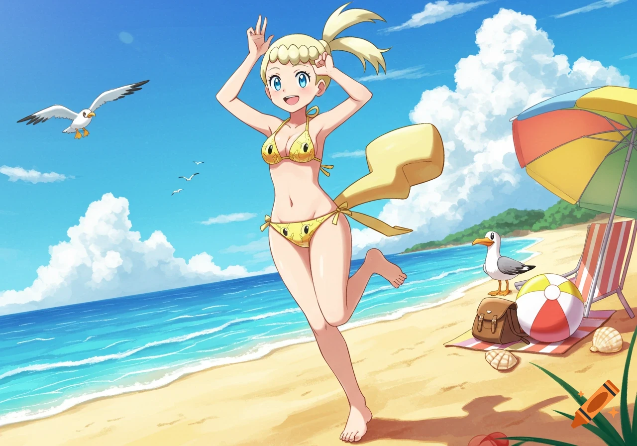 Anime girl Bonnie from Pokemon in a yellow bikini on a sunny beach with seagulls, an umbrella, and a beach ball.