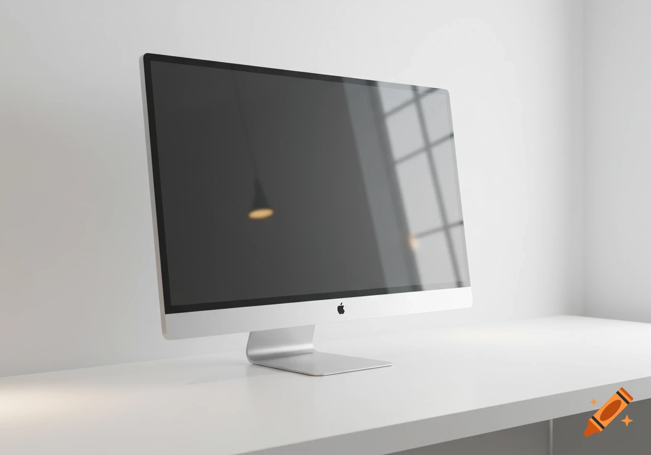 A modern silver Apple iMac computer sits on a white desk in a brightly lit, minimalist room, with reflections visible on its black screen.