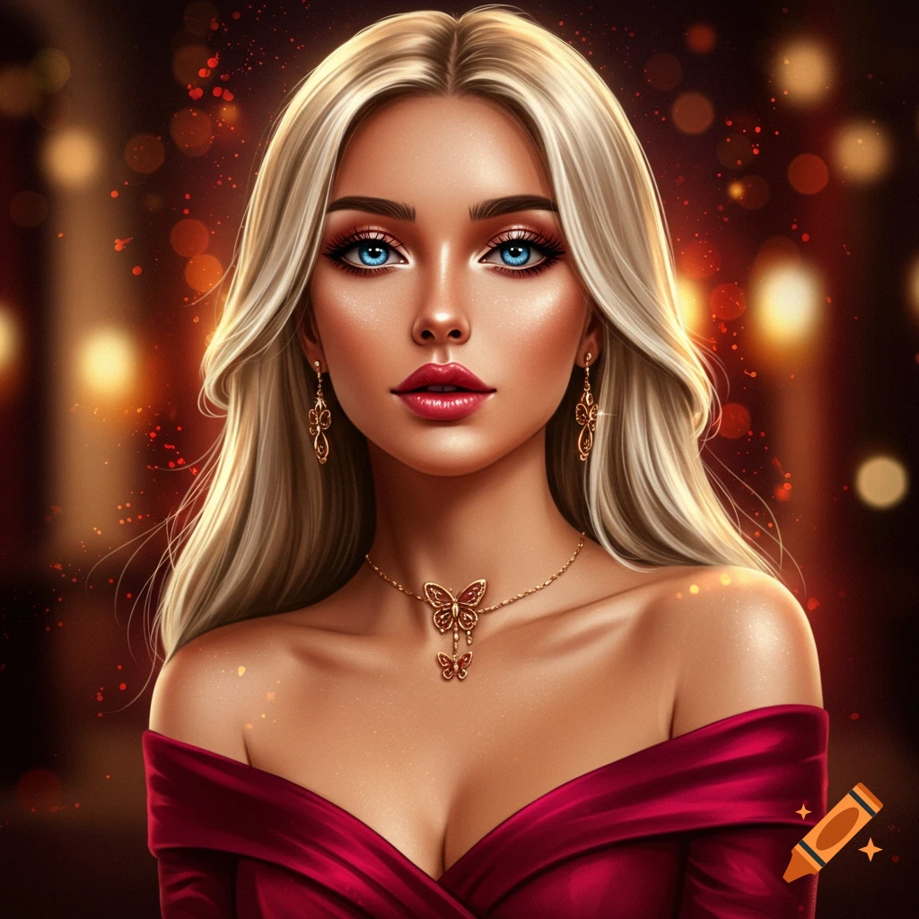 A detailed digital art portrait of a blonde woman with blue eyes, wearing a red off-the-shoulder dress and gold butterfly jewelry, against a bokeh background.