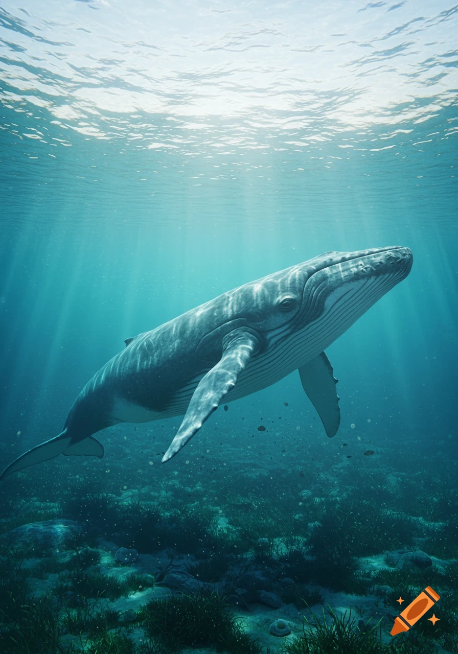 A large blue whale swims underwater with light rays beaming from the surface and a green ocean floor below.