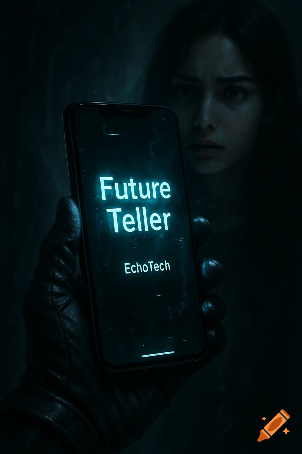 A gloved hand holds a glowing phone displaying "Future Teller" and "EchoTech" in a dark room, with a blurred, worried woman's face in the background.