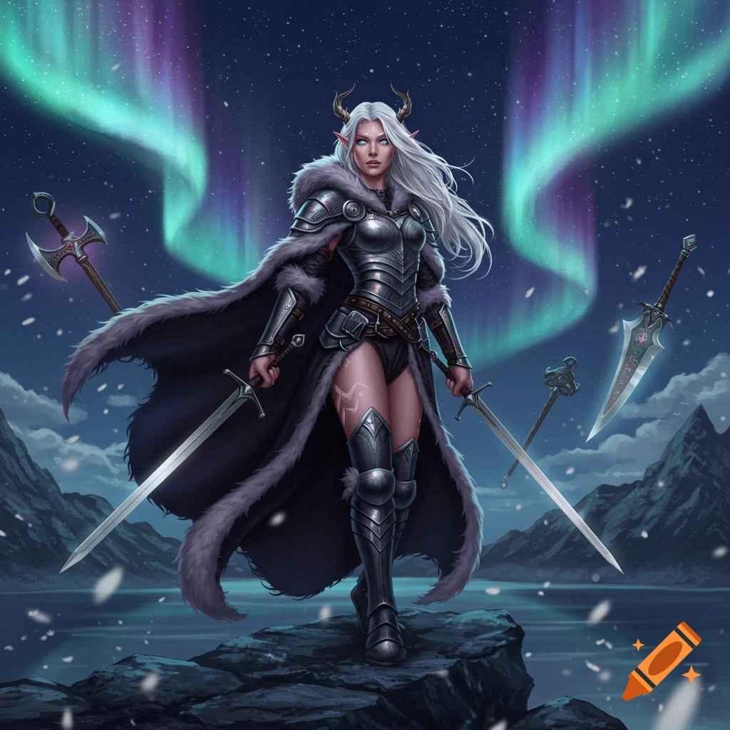 A white-haired elf-like warrior in black and silver armor stands on a snowy rock, holding two swords under a vibrant aurora borealis.