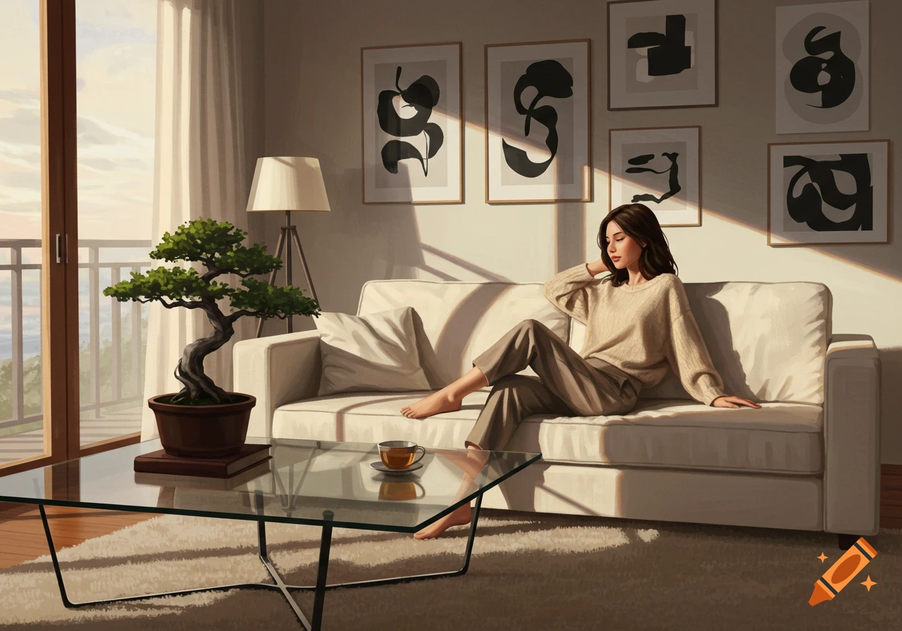 A woman relaxes on a sofa in a sunlit living room with a bonsai tree, a glass table, and abstract wall art.