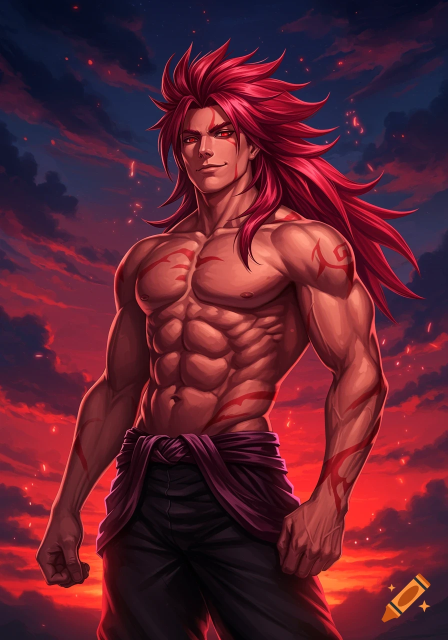 Anime-style muscular man with long red hair, red eyes, and tribal markings on his bare chest, against a dramatic red and dark sky.