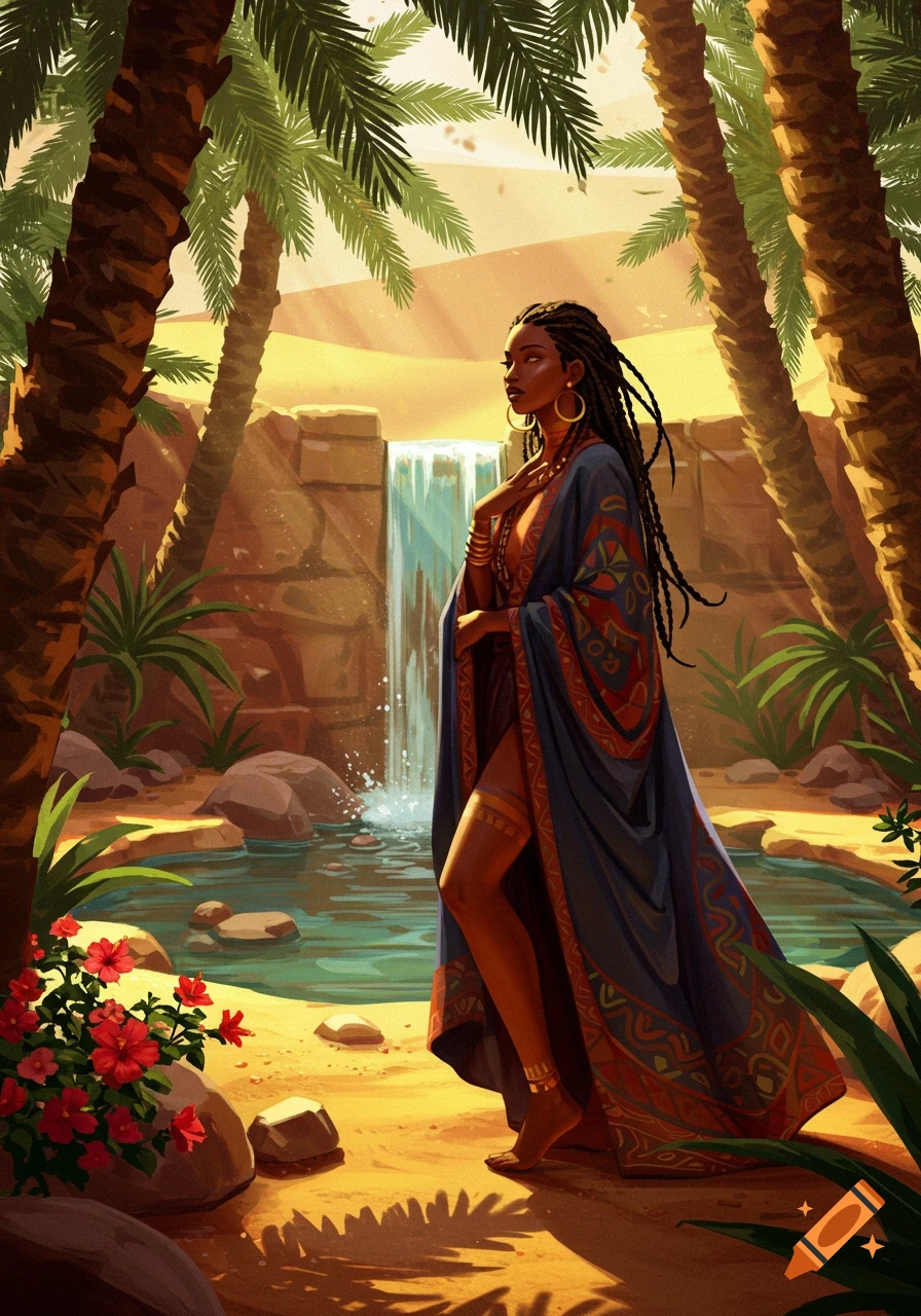 A painting of an African woman with dreadlocks in a patterned robe standing by a waterfall in a lush desert oasis with palm trees.
