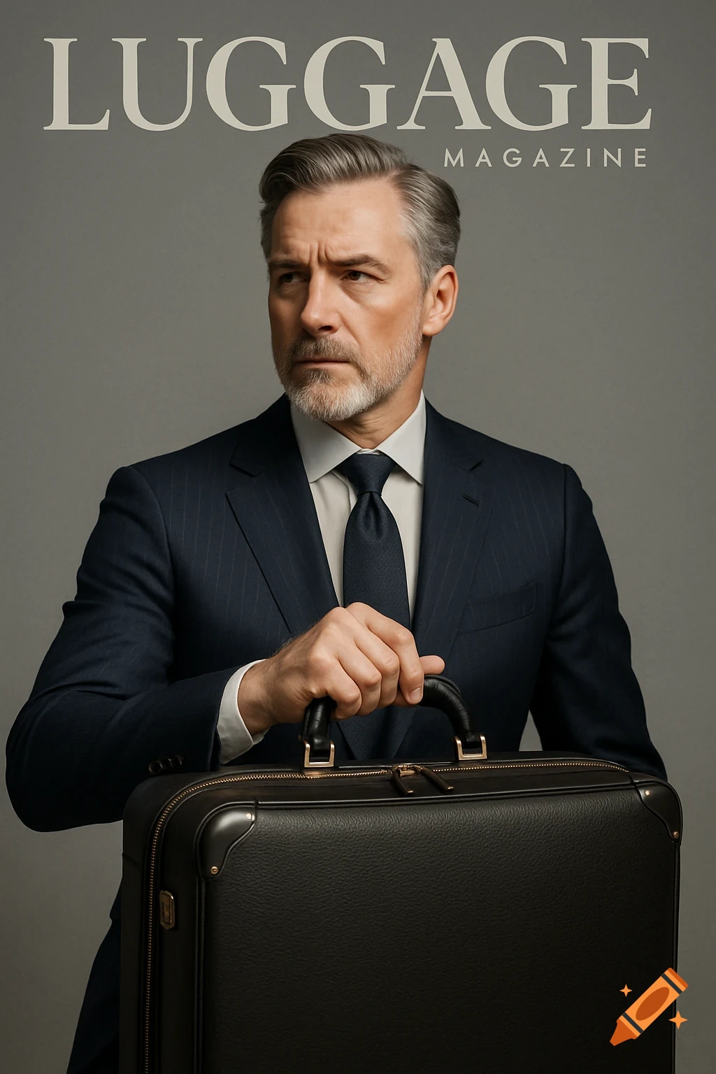A photorealistic portrait of a distinguished man in a suit holding a black briefcase, with 'LUGGAGE MAGAZINE' text above.