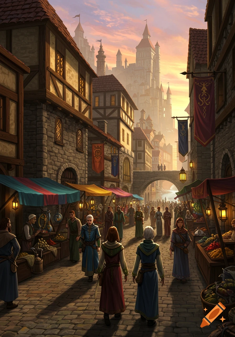 A bustling medieval market street at sunset, with vendors, shoppers, half-timbered buildings, and a large castle in the background.