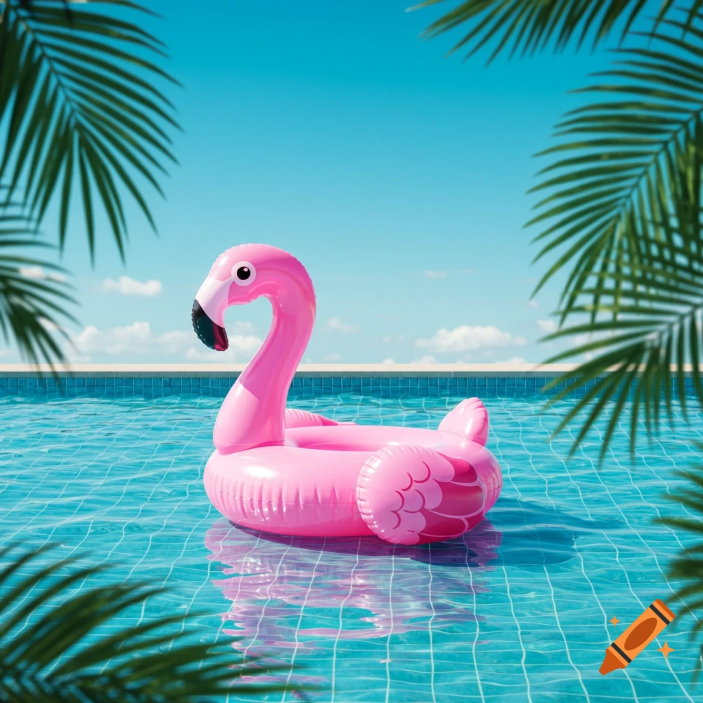 A pink inflatable flamingo floaty sits in a bright blue swimming pool under a clear sky, framed by palm leaves.