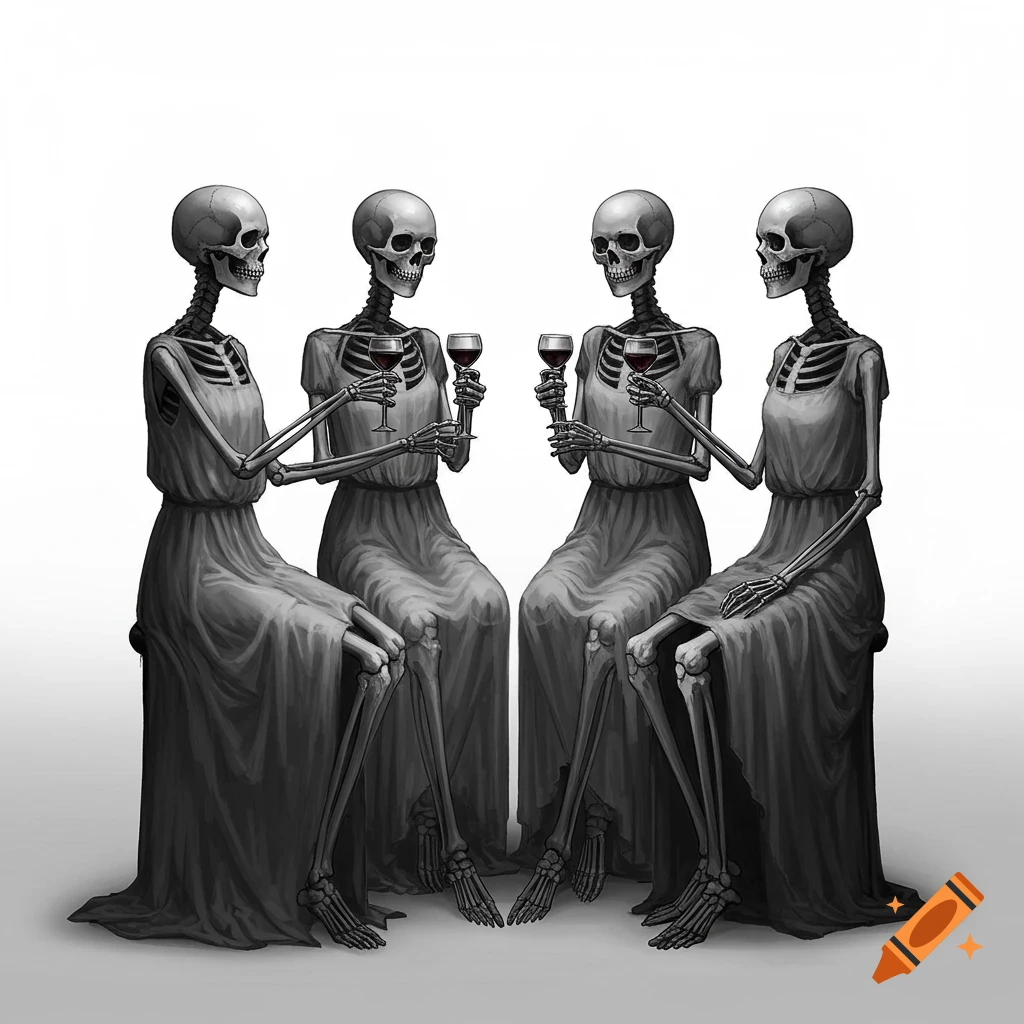 Four female skeletons in draped dresses sit and drink red wine from glasses on a white background, in a monochromatic art style.