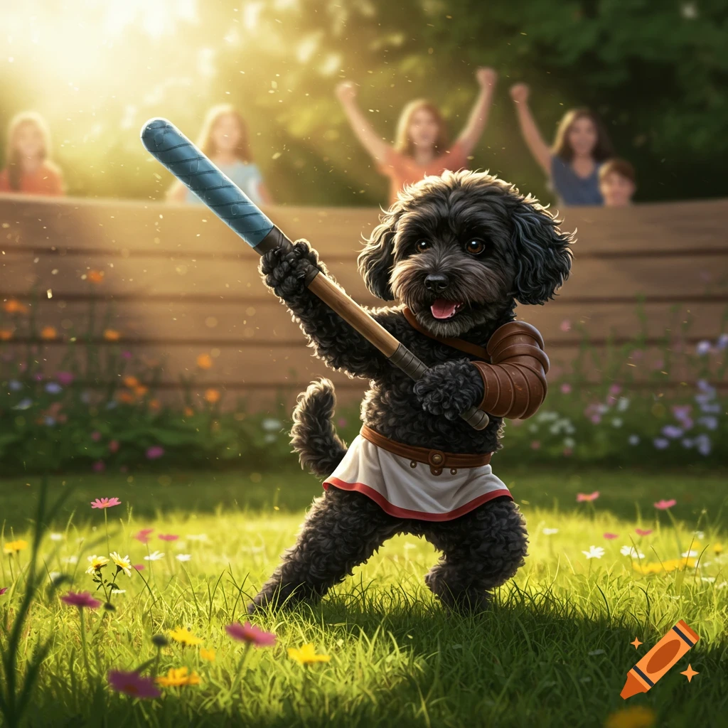 A black cockapoo dog dressed as a gladiator, holding a bat in a sunny grassy field with cheering people in the background.