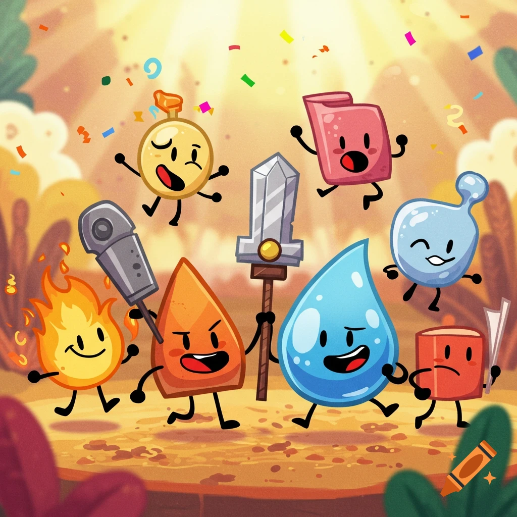 Cartoon characters like Firey, Teardrop, Bubble, Blocky, Paper, a bomb, and a sword celebrate with confetti.