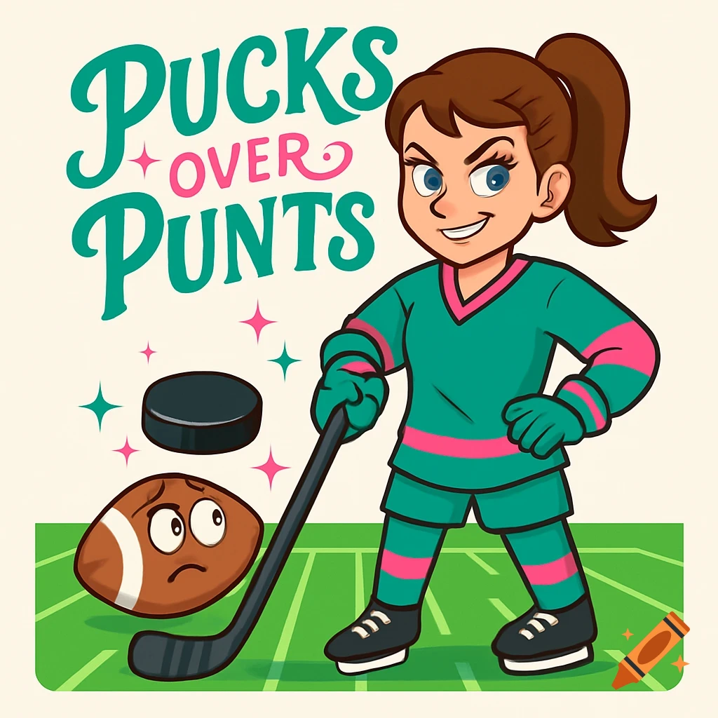 Cartoon hockey girl on a field, holding a stick, with a puck and a sad football. Text: 'Pucks Over Punts'.