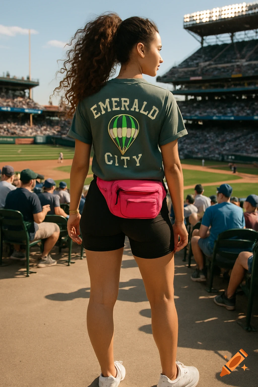 Rear view of a young woman in a green 'Emerald City' t-shirt and pink fanny pack at a sunny baseball stadium.