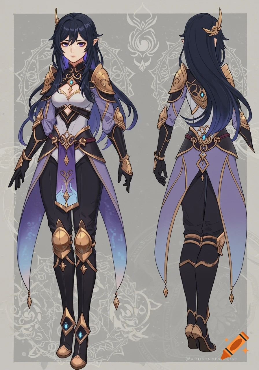 A detailed anime-style character design sheet showing a female fantasy warrior in purple and gold armor, front and back views.
