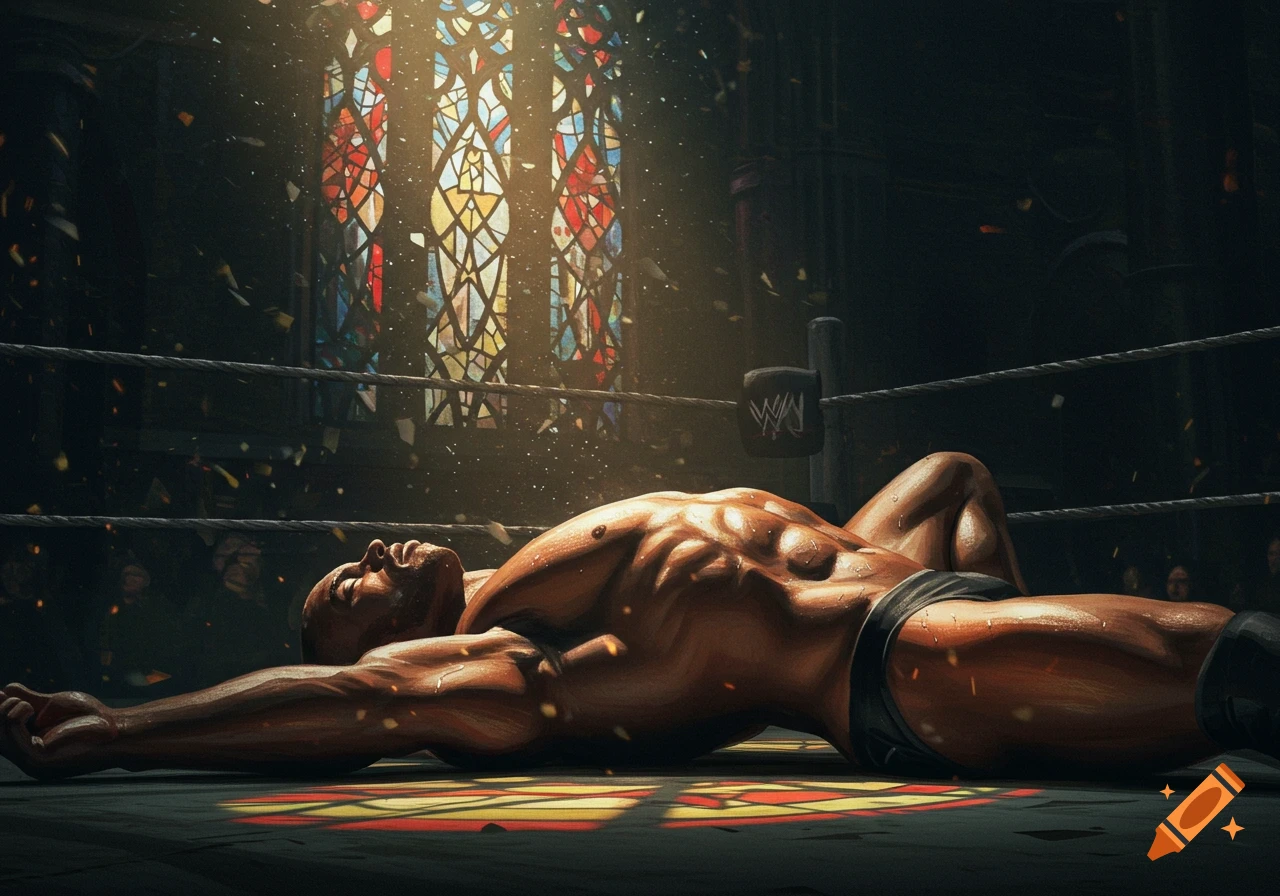 Muscular wrestler lies defeated in a ring with stained glass windows above.
