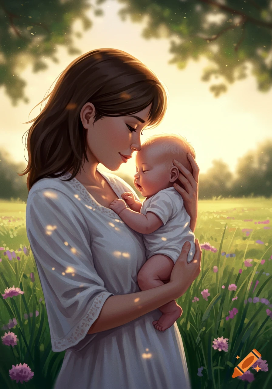 An illustration of a mother lovingly holding her baby in a sunlit field with flowers.