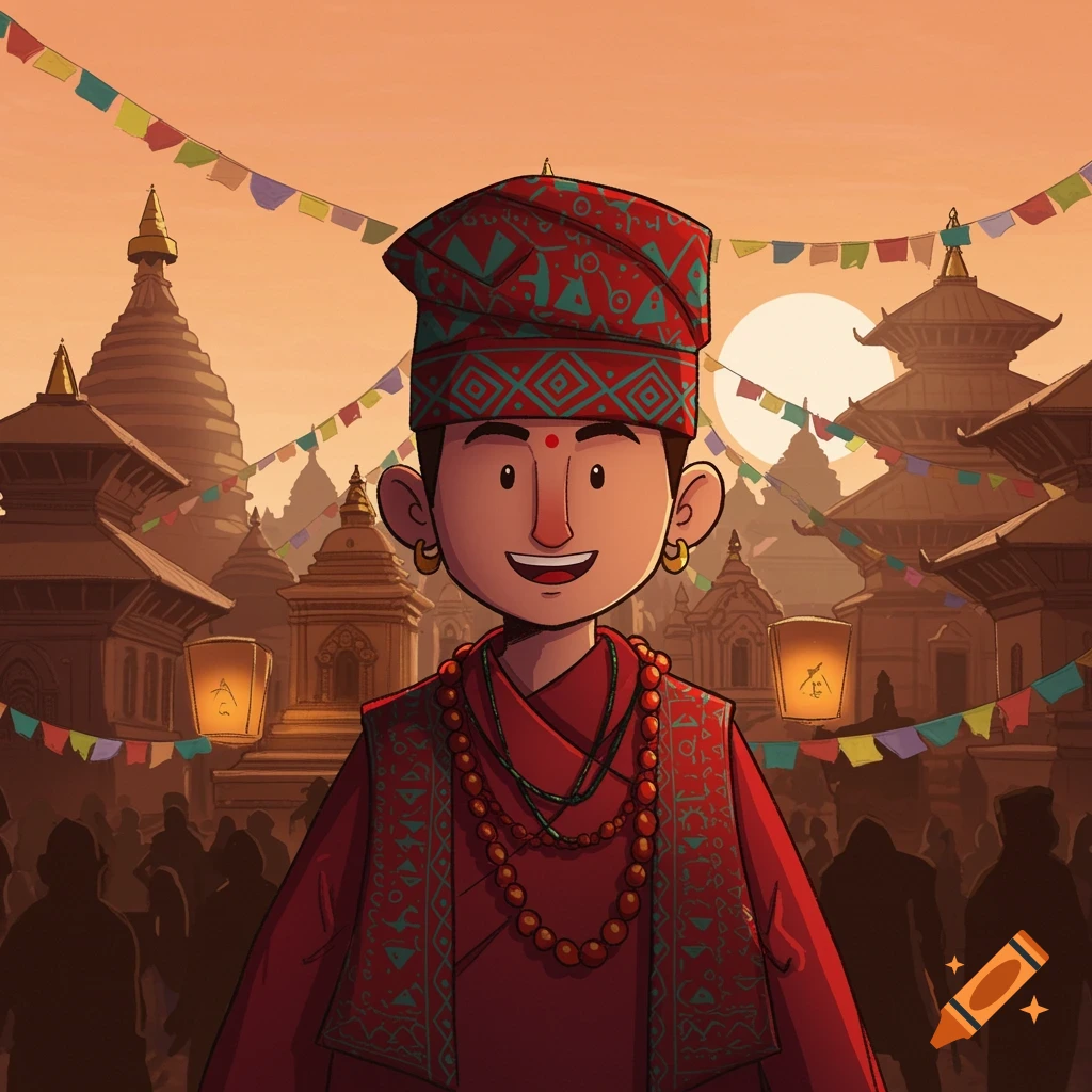 A cartoon man in a red Nepali Dhaka topi and traditional attire smiles in a bustling temple square at sunset, with colorful prayer flags.