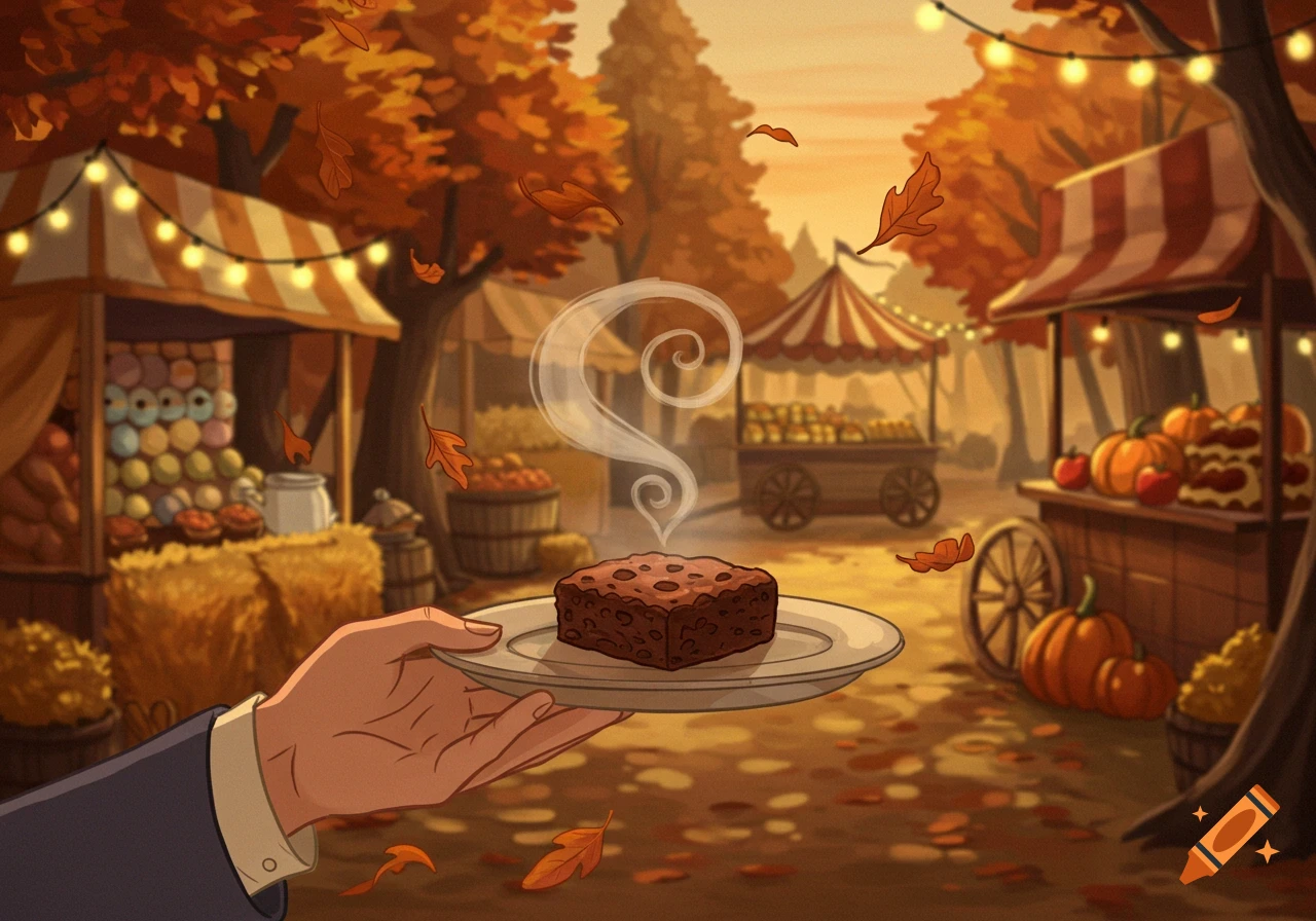 A hand holds a steaming brownie on a plate at an autumn harvest festival, illustration style.