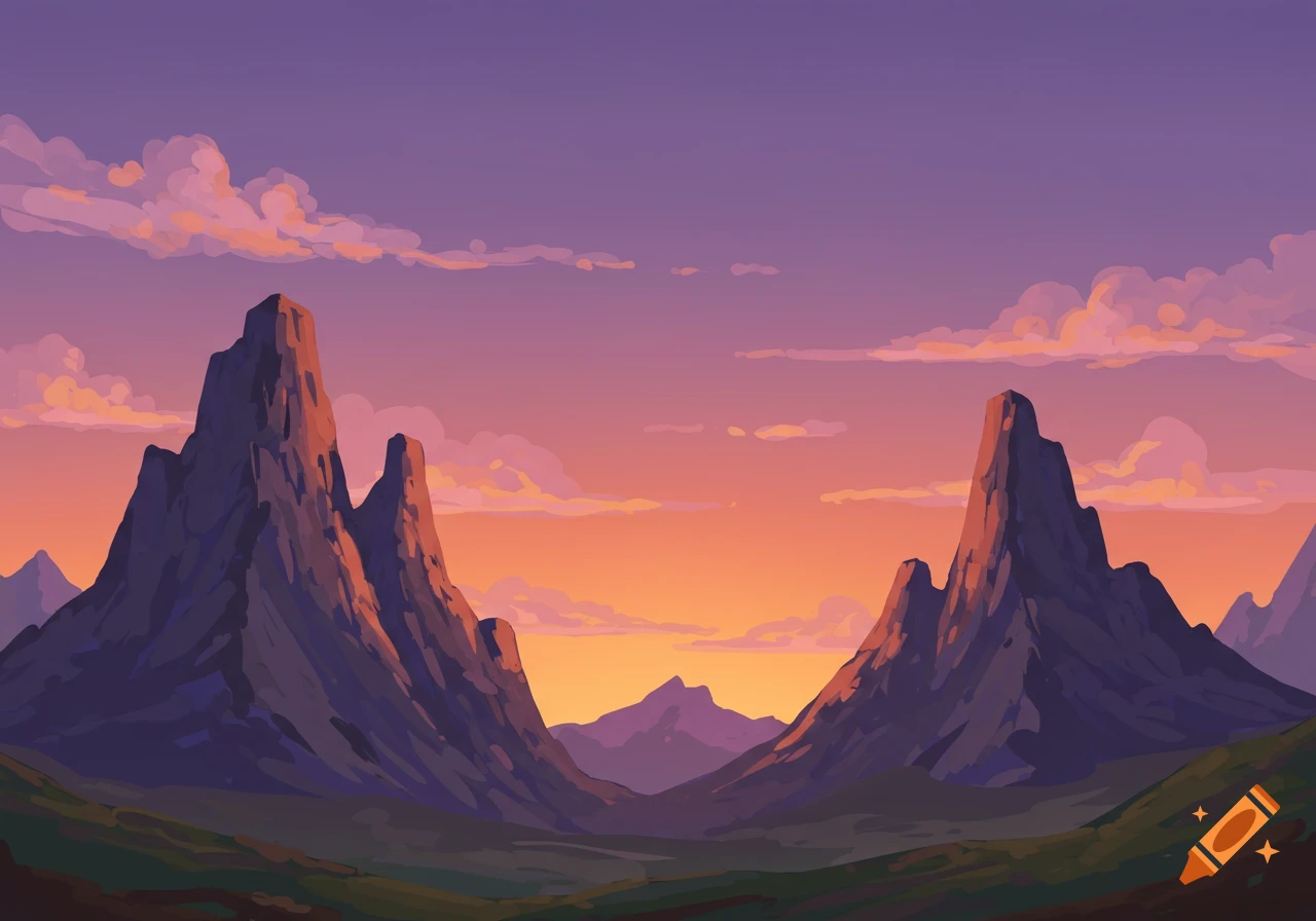 Stylized illustration of majestic mountains at sunset with a vibrant sky.