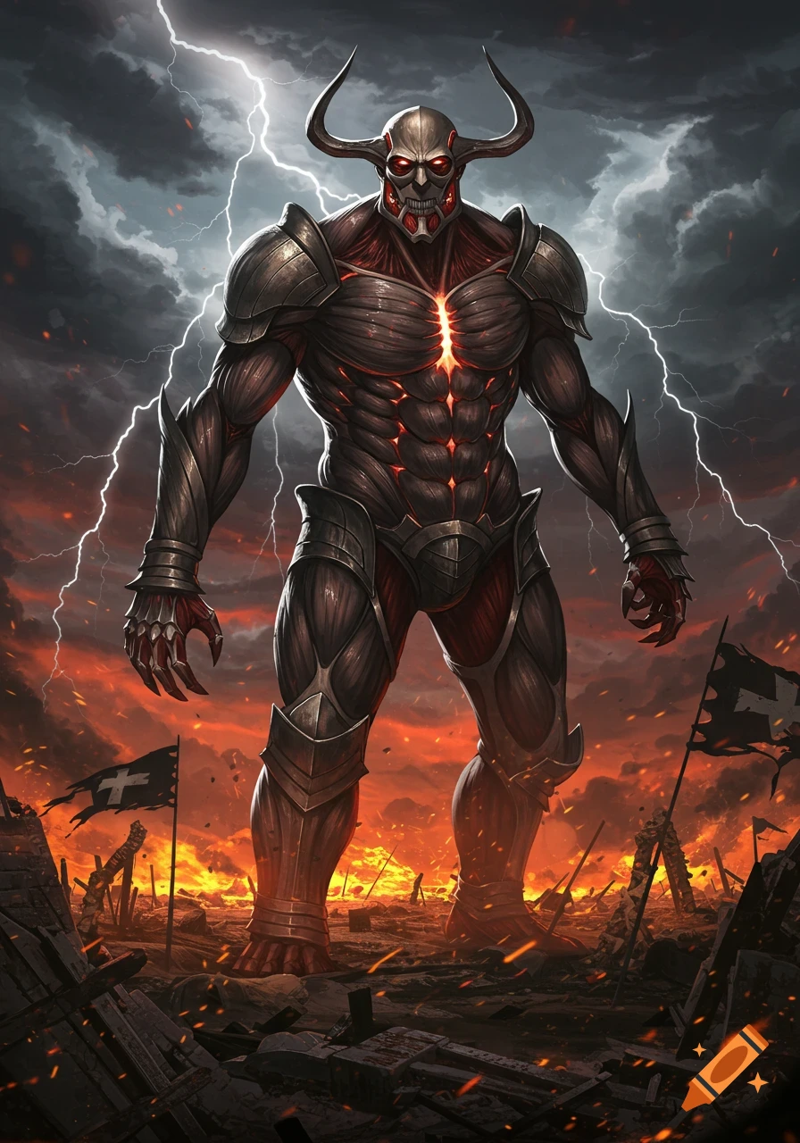 An armored, horned titan with glowing red eyes stands in a fiery, war-torn landscape under a stormy sky. Dark fantasy art.