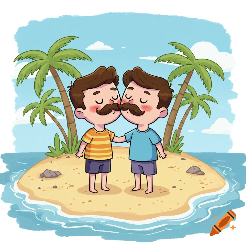 Two cute cartoon men with mustaches are kissing on a small sandy island with palm trees, surrounded by blue water under a clear sky.