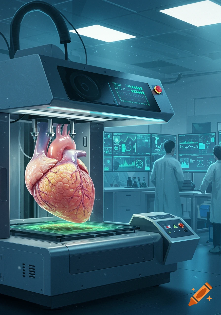 A detailed bioprinter creating a realistic human heart in a high-tech laboratory with scientists in the background.