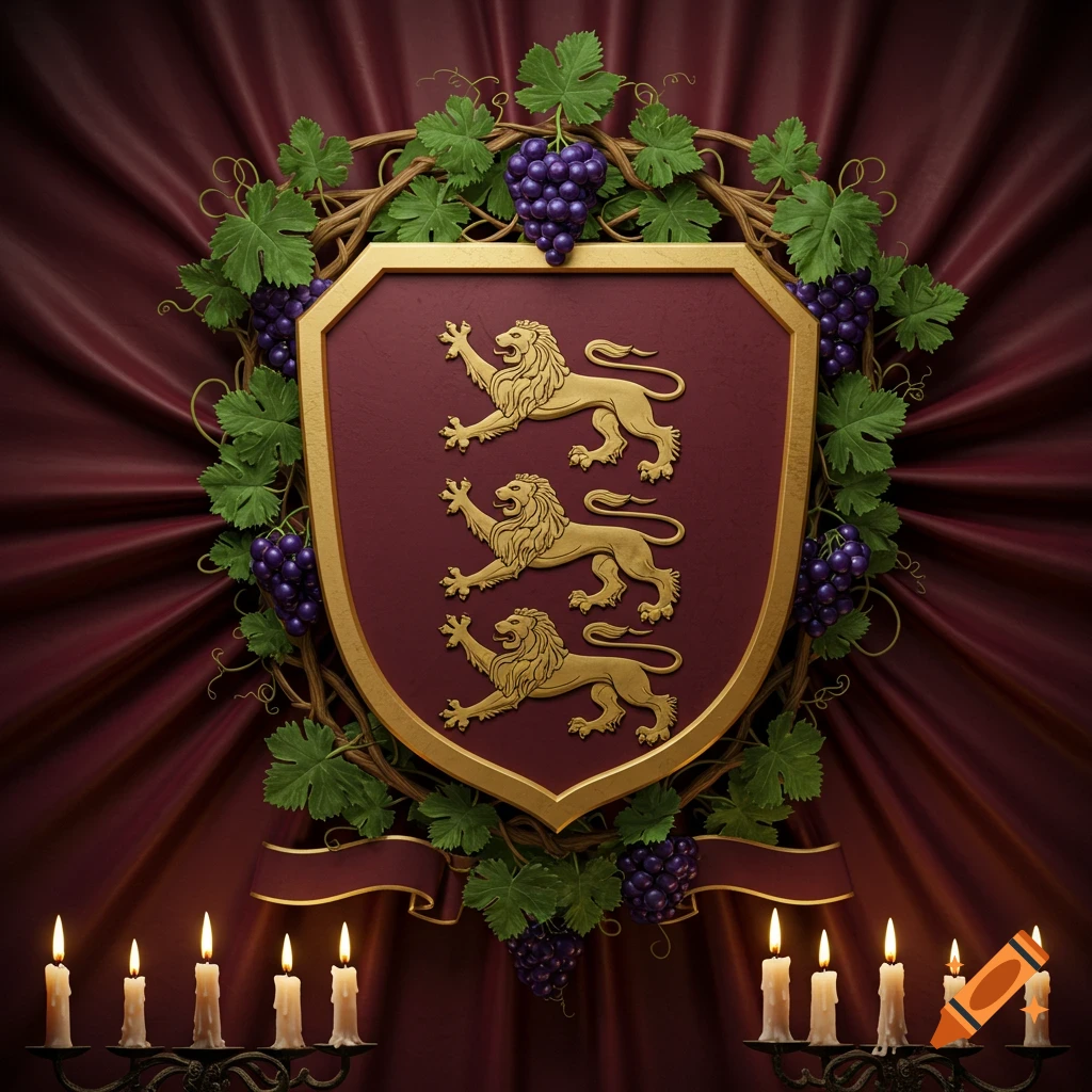 Regal coat of arms featuring three golden lions on a red shield, framed by grapevines, with lit candles below.