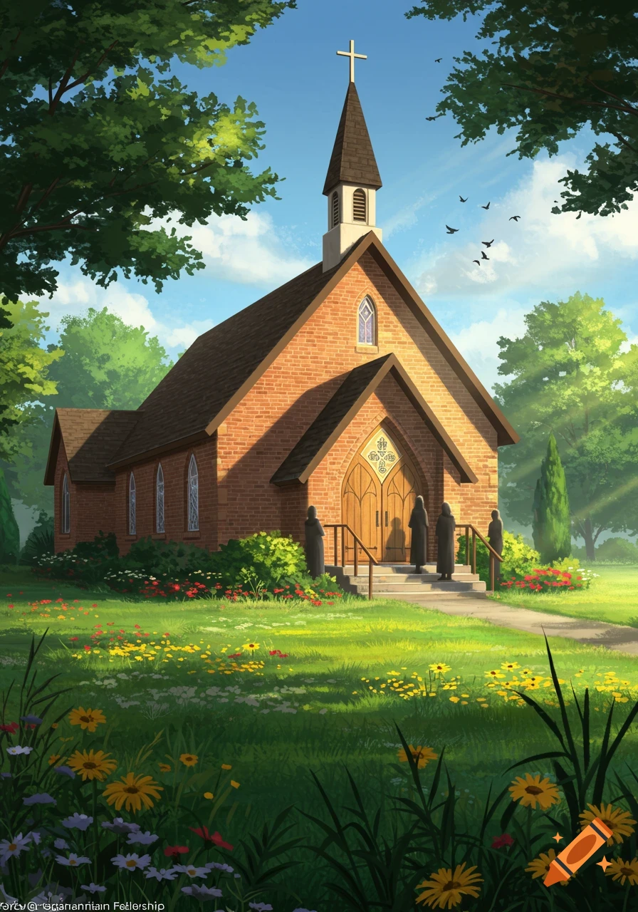 An illustrative painting of a brick church with a steeple, cross, and arched doors, surrounded by vibrant green grass, colorful wildflowers, and tall trees under a bright blue sky.