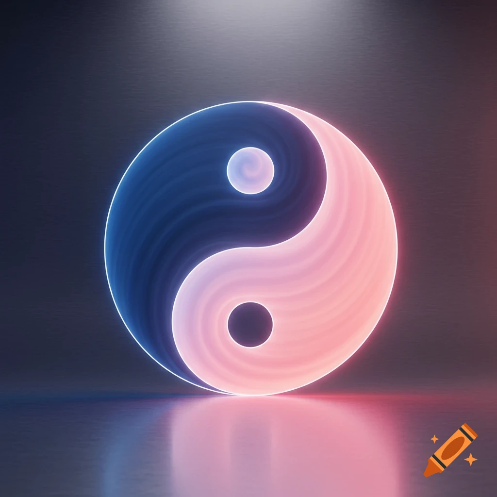 A glowing blue and pink gradient Yin and Yang symbol reflected on a dark surface.