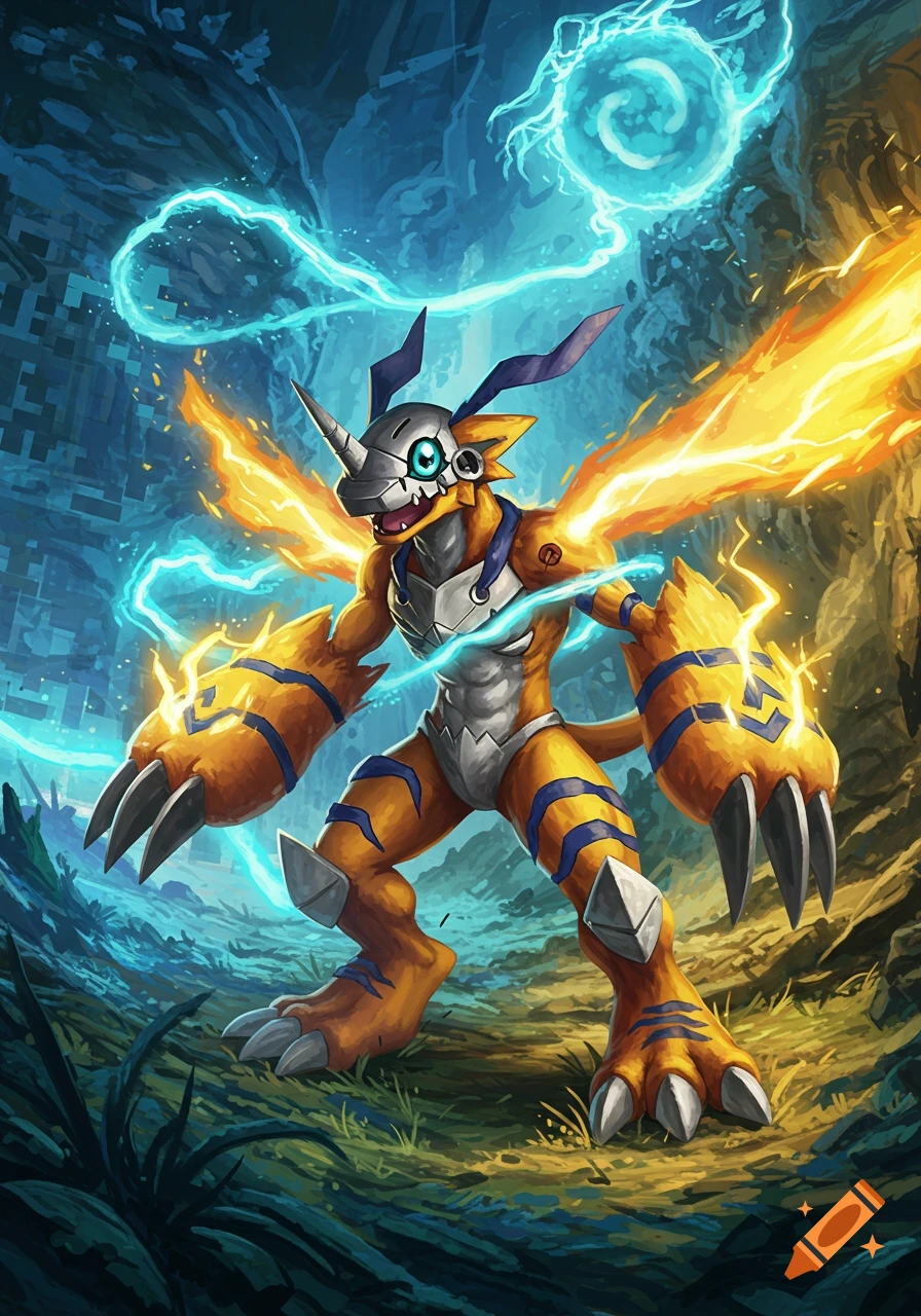 A powerful orange and blue Digimon-like creature with a metal mask and glowing wings, standing in a forest.