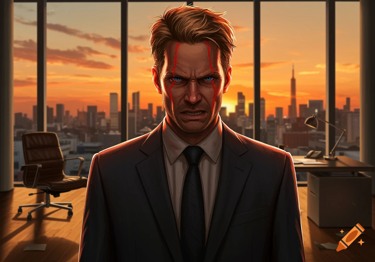 An angry man with red marks on his face and glowing blue eyes, wearing a suit, stands in an office with a city skyline at sunset behind him.