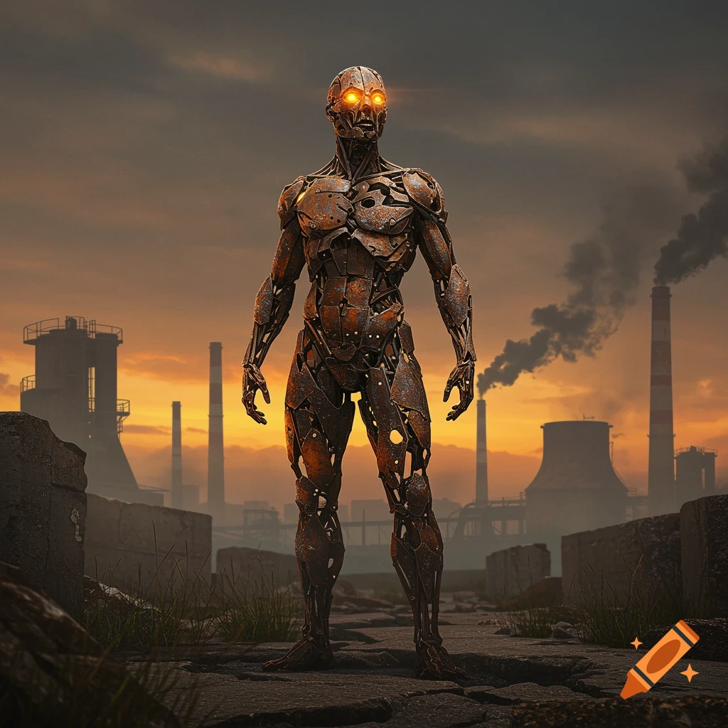 A tall, rusty, humanoid robot with glowing orange eyes stands in a desolate industrial landscape under an orange, cloudy sky.