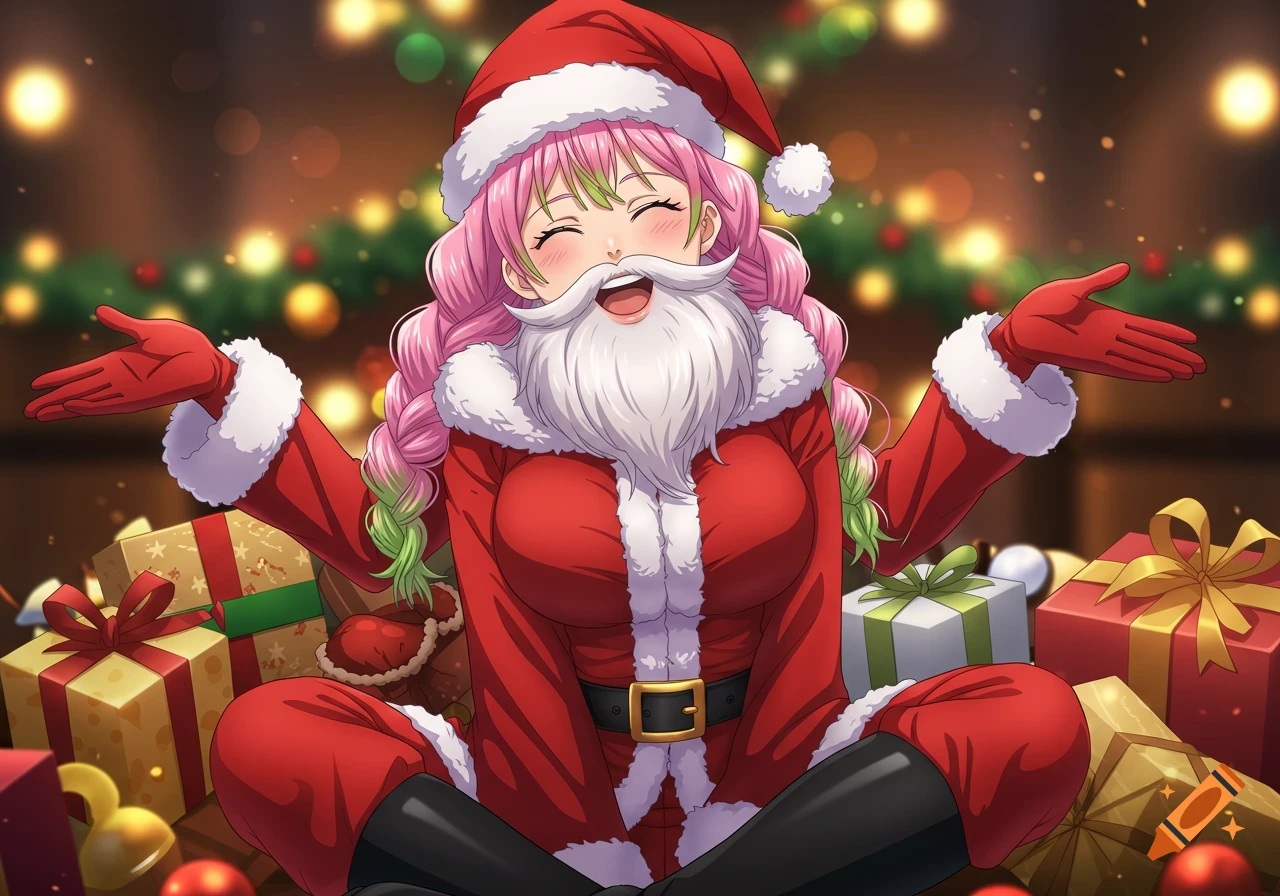Anime girl Mitsuri Kanroji in a Santa suit and beard, smiling and sitting among Christmas presents and lights.