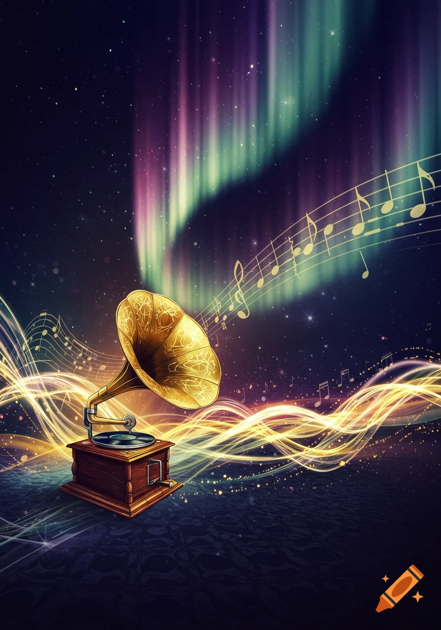 A vintage golden gramophone emits glowing musical notes against a starry dark sky with vibrant purple and green aurora borealis lights.