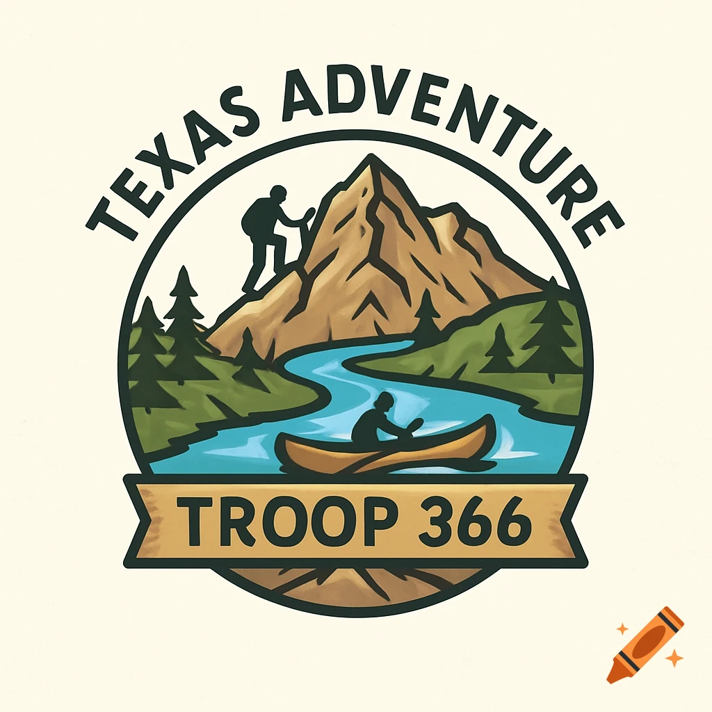 Circular logo with a mountain, river, trees, a hiker, and a canoeist. Text reads 'TEXAS ADVENTURE' and 'TROOP 366'.